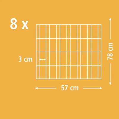 Diagramm mit den Massen eines Gitters: 8 Stück, Höhe 78 cm, Breite 57 cm, Abstand zwischen den Streben 3 cm.