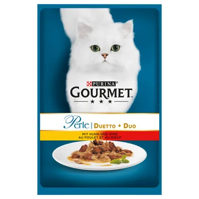 Purina Gourmet Perle Duetto Duo cat food pouch, visible text: Mit Huhn und Rind, Au Poulet et au Boeuf, image of white cat and plate with meat pieces in sauce