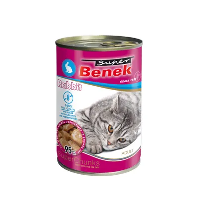 Super Benek Katzenfutter, Rabbit, Adult, 95% tierische Stücke, ohne Getreide, Zucker, Farbstoffe und Konservierungsstoffe. SuperChunks Nassfutter für Katzen.