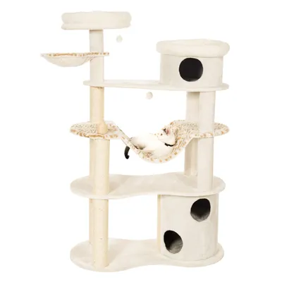 Krabpaal met meerdere niveaus, sisalpalen, hangmat, twee ronde slaapplekken en een kat liggend in de hangmat. Kleur: beige met luipaardmotief op hangmat.