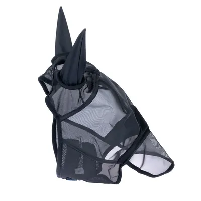 Schwarze Netzmaske mit Ohrenschutz, geeignet für Pferde. Material aus atmungsaktivem Mesh-Gewebe.
