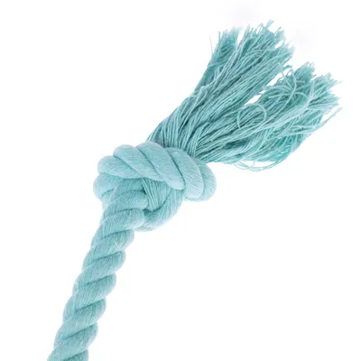Light blue cotton rope with knots and frayed ends, suitable for play or training purposes.