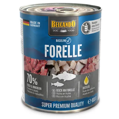 Belcando Dog Food Trout, Made in Germany, 70% fish & offal, rich in trout, grain-free recipe, safflower oil, Super Premium Quality, 800g can.