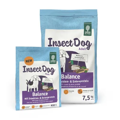 Green Petfood InsectDog Adult Balance, moderate energy content, with insect and duck protein, herbs & fruits. Pack sizes: 900g and 7.5kg net.