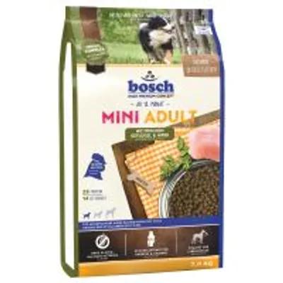 Bosch Mini Adult suha hrana za pse, vidljiv tekst: 23 % proteina, 14 % masti, bez pšenice, pakiranje 3,75 kg, slika granula i mesa na ambalaži.
