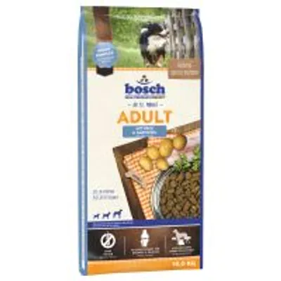 Bosch Adult hrana za pse, vidljive slike krumpira i granula, natpis 'ADULT', težina 15 kg, ilustracija psa na pakiranju.