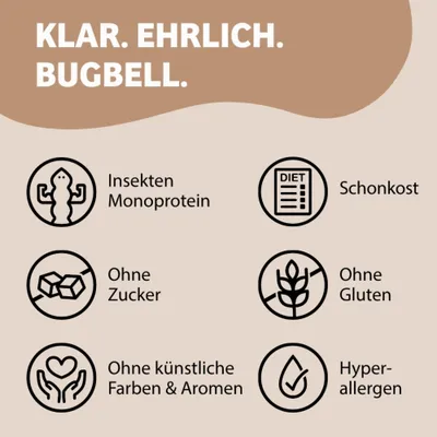 Klar. Ehrlich. Bugbell. Insekten Monoprotein, Schonkost, ohne Zucker, ohne Gluten, ohne künstliche Farben & Aromen, hypoallergen. Klar. Ehrlich. Bugbell. Insekten Monoprotein, Schonkost, ohne Zucker, ohne Gluten, ohne künstliche Farben & Aromen, hypoallergen.