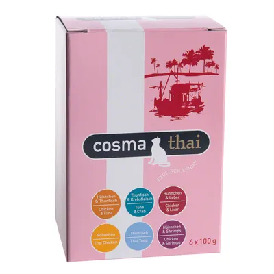 Opakowanie cosma thai, 6 x 100 g. Widoczne smaki: Chicken & Tuna, Tuna & Crab, Chicken & Liver, Thai Chicken, Thai Tuna, Chicken & Shrimps. Tekst w języku angielskim i niemieckim.