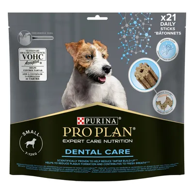 Purina Pro Plan Dental Care bâtonnets pour chiens 7–12 kg, x21 sticks. VOHC Accepted. Texture poreuse, motif apaisant. Aide à contrôler la formation du tartre. Chien illustré sur l’emballage.