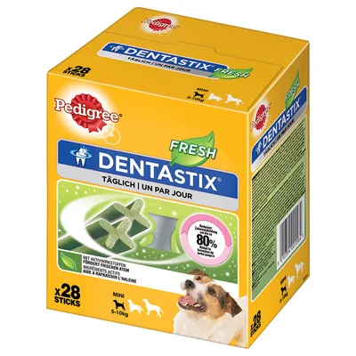 Συσκευασία Pedigree Dentastix Fresh, 28 sticks για μικρούς σκύλους 5–10 κιλά. Εμφανίζεται το προϊόν και κείμενο: μειώνει την πέτρα έως 80 %, φρέσκια αναπνοή.