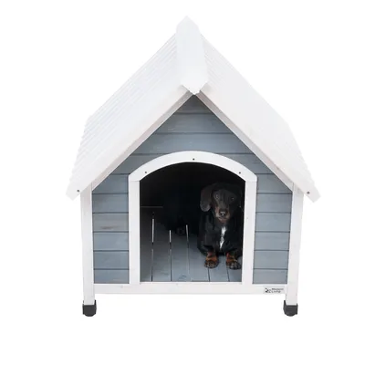 Casinha de madeira cinzenta e branca para cães com telhado de duas águas, um cão pequeno e preto sentado no interior.