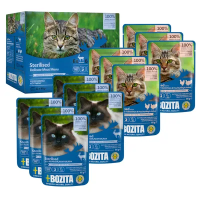 Bozita Sterilised Delicate Meat Menu, 12x85g, mit 100% tierischem Protein. Sorten: Rentier in Gelee und Truthahn in Sauce. Für sterilisierte Katzen geeignet. Getreidefrei, schwedische Zutaten.