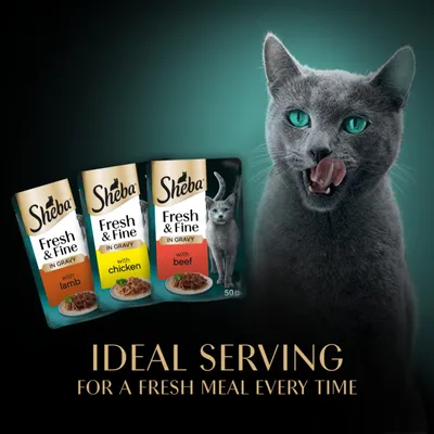 Sheba Fresh & Fine in Gravy Mini Pouches Multibuy 12 x 50g - Beef, Chicken & Lamb in Gravy Sheba Fresh & Fine in Gravy Mini Pouches Multibuy 12 x 50g - Beef, Chicken & Lamb in Gravy