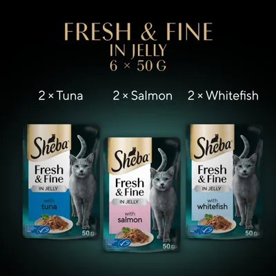 Sheba Fresh & Fine in Jelly Mini Pouches 6 x 50g - Tuna, Salmon & Whitefish Sheba Fresh & Fine in Jelly Mini Pouches 6 x 50g - Tuna, Salmon & Whitefish