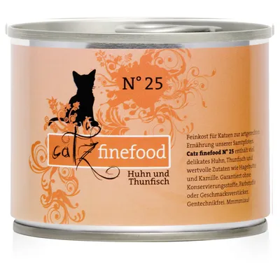 Catz finefood N° 25 Huhn und Thunfisch, burk med text på tyska och siluett av katt. Synlig information om ingredienser och egenskaper på etiketten.