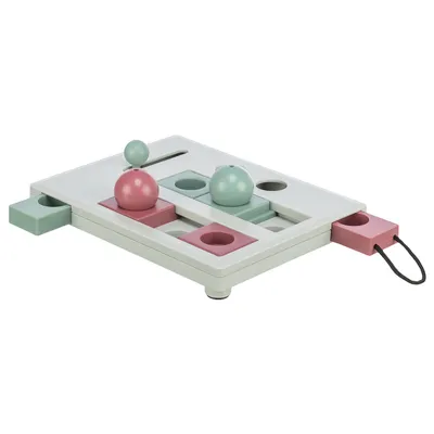 Interaktives Spielzeug mit Schiebefächern und bunten Kugeln in Rosa und Grün, geeignet für Geschicklichkeitsübungen.