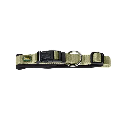 Hunter Hundehalsband aus olivgrünem Nylon mit schwarzem Klickverschluss und Metallring.