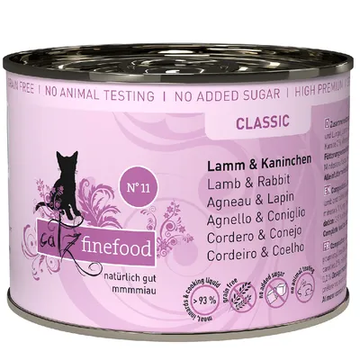 Catz Finefood Classic Nr. 11, lamm och kanin, spannmålsfri, utan tillsatt socker, inga djurförsök, 93 % kött och kokvätska.