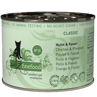 catz finefood Classic Nr. 15, kyckling och fasan, spannmålsfri, utan tillsatt socker, inga djurförsök, 93 % kött och kokvätska.
