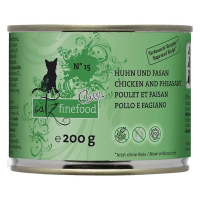 catz finefood Classic N°15, Huhn und Fasan, 200 g konzerv. Felirat: Improved Recipe, Now without rice. Többnyelvű felirat: Chicken and Pheasant, Poulet et Faisan, Pollo e Fagiano.
