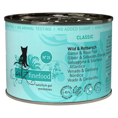 Catz Finefood Classic Nr. 21, vadhús és vörös sügér, gabonamentes, hozzáadott cukor nélkül, állatkísérlet-mentes, 93% hústartalom.