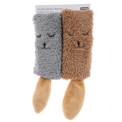 zooplus Basics set de juguetes con catnip para gatos, dos juguetes de peluche en gris y marrón con diseño de castor y catnip.