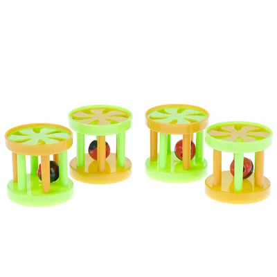 Four plastic toys in yellow and green with integrated red balls. Suitable for interactive play.