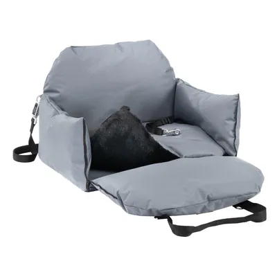 Grey car seat for pets with safety belt, padded cushion and adjustable straps. Suitable for safe transport in the car.