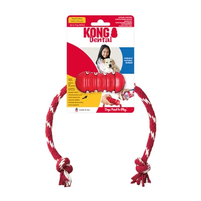 KONG Dental Spielzeug aus strapazierfähigem Naturgummi, Grösse Small für Hunde bis 9 kg. Made in USA. Rotes Kauspielzeug mit Seil. Für durchschnittliche Kauer geeignet.