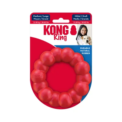 KONG Ring z wytrzymałej naturalnej gumy, rozmiar Medium/Large dla psów 13-30 kg. Opakowanie pokazuje produkt i klasę wagową.