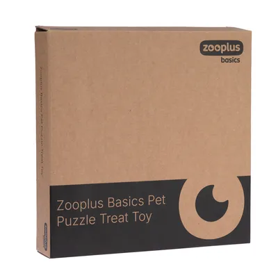 Zooplus Basics Pet Puzzle Treat Toy -pakkaus ruskeassa pahvilaatikossa, jossa musta logopainatus.