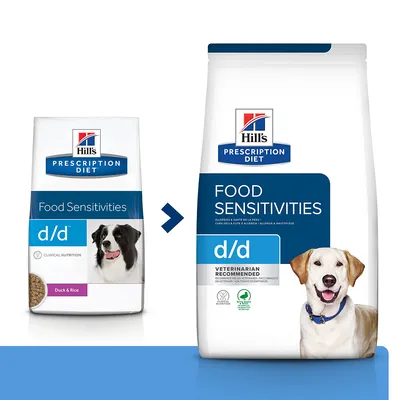 Hill's Prescription Diet Food Sensitivities d/d hundefoder, to poser med forskelligt design. Tekst: Duck & Rice, VETERINARIAN RECOMMENDED, CLINICAL NUTRITION. Billede af hund på begge poser.