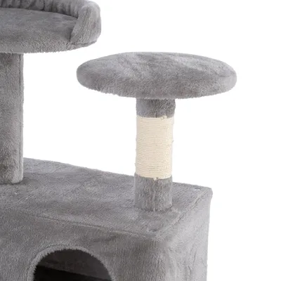 Grey scratching post with sisal-wrapped column, platform and cave. Ideal for cats to climb and scratch.