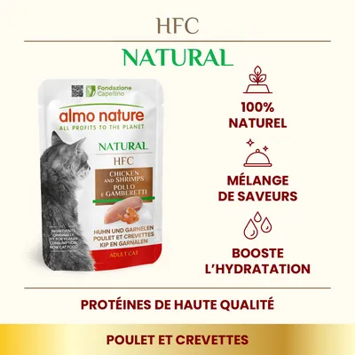 almo nature HFC Natural poulet et crevettes pour chat adulte, 100 % naturel, mélange de saveurs, booste l’hydratation, protéines de haute qualité. Texte en anglais, allemand, italien, néerlandais.