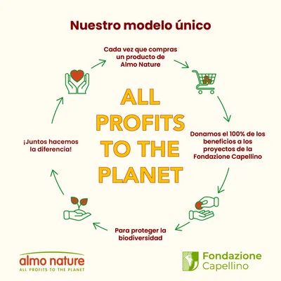 ALL PROFITS TO THE PLANET. Cada vez que compras un producto de Almo Nature, donamos el 100 % de los beneficios a la Fondazione Capellino para proteger la biodiversidad. Fondazione Capellino.