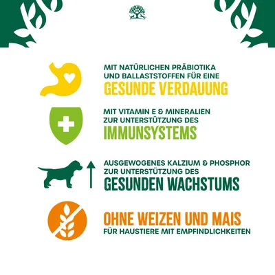 Texte en allemand : gesunde Verdauung, Immunsystems, gesunden Wachstums, ohne Weizen und Mais. Références à la digestion, immunité, croissance et absence de blé/maïs pour animaux sensibles.