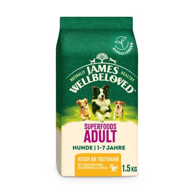 James Wellbeloved Superfoods Adult kutyatáp, 1-7 év, pulykában gazdag kelkáposztával és quinoával, hipoallergén, 1,5 kg-os kiszerelés.