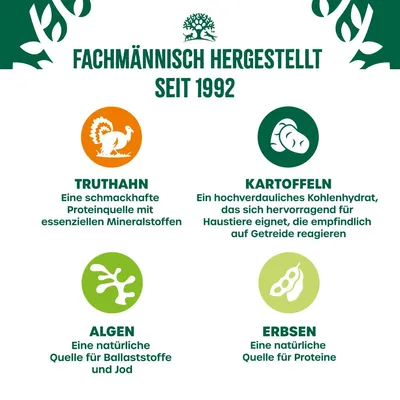 Fachmännisch hergestellt seit 1992. Truthahn: Proteinquelle mit Mineralstoffen. Kartoffeln: Kohlenhydrat für getreideempfindliche Haustiere. Algen: Ballaststoffe und Jod. Erbsen: Quelle für Proteine.