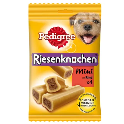 Pedigree Riesenknocken Mini mit Rind x4, sin colorantes artificiales, con omega 3, vitaminas y minerales. Imagen de los snacks en el envase.