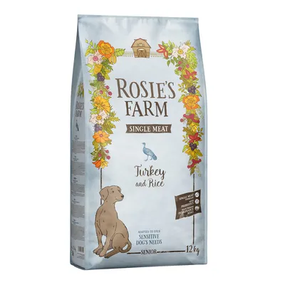Rosie's Farm Single Meat Senior hundefoder, kalkun og ris, tilpasset følsomme behov, 12 kg. Indeholder præbiotika og naturlige ingredienser.