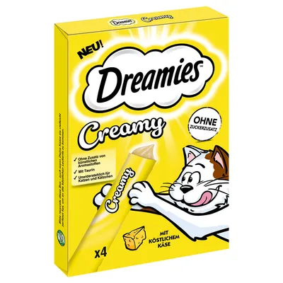 Dreamies Creamy con delicioso queso, sin azúcares añadidos, sin aromas artificiales, con taurina. Irresistible para gatos y gatitos. Paquete de 4 unidades.