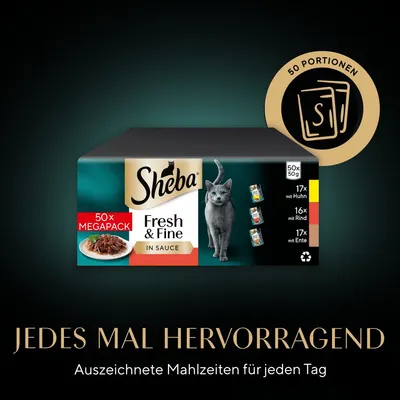 Sheba Fresh & Fine in Sauce, 50x Megapack mit 50 Portionen: 17x Huhn, 16x Rind, 17x Ente. Ausgezeichnete Mahlzeiten für jeden Tag.