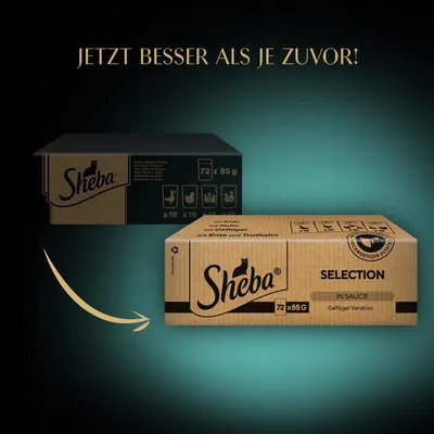 Sheba Selection in Sauce, perutninska različica, 72 x 85g. Embalaža z reciklažnim simbolom in oznako za kakovostne sestavine.