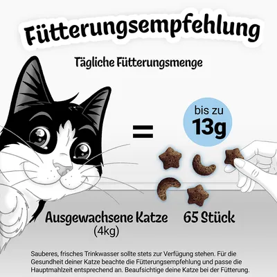 Fütterungsempfehlung für ausgewachsene Katze (4kg): Tägliche Futtermenge bis zu 13g oder 65 Stück. Frisches Trinkwasser bereitstellen und Hauptmahlzeit entsprechend anpassen.