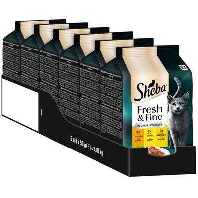 Sheba Fresh & Fine in Gelei kattenvoer, 6 x (6 x 50 g) = 1,80 kg. Smaken: 2x kalkoen, 2x rund, 2x gevogelte. Afbeelding van een kat op de verpakking.
