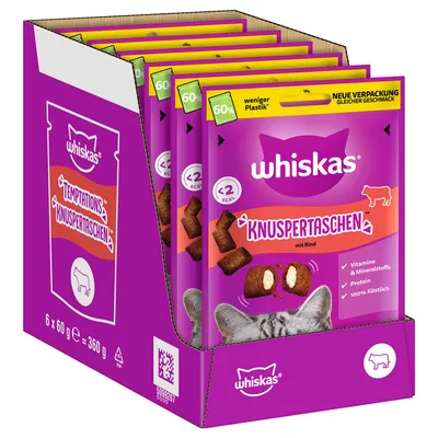 Whiskas Knuspertaschen mit Rind, neue Verpackung mit 60% weniger Plastik. Inhalt: 6 x 60g = 360g. Mit Vitaminen, Mineralstoffen, Protein, unter 2 kcal pro Stück, 100% köstlich.