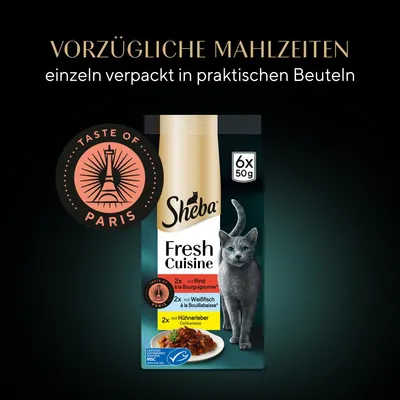 Sheba Fresh Cuisine Taste of Paris, 6x50g. Sorten: 2x Rind à la Bourguignonne, 2x Weissfisch à la Bouillabaisse, 2x Hühnerleber-Delikatesse. Einzeln verpackt in praktischen Beuteln.