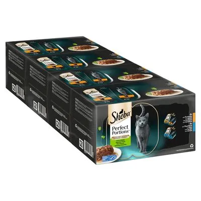 Verpakking Sheba Perfect Portions kattenvoer, zichtbaar merknaam en afbeelding van portieverpakkingen met voer op een bord. Zwarte doos met meerdere porties afgebeeld.