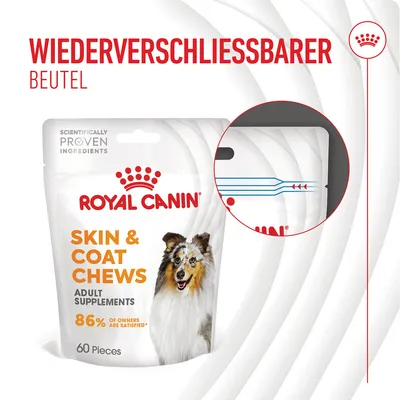 Royal Canin Skin & Coat Chews, prehransko dopolnilo za odrasle, vrečka z zapiranjem, 60 kosov, 86 % zadovoljstvo po lastnikih, znanstveno preverjene sestavine.