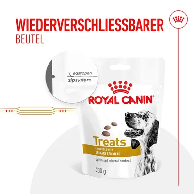 Royal Canin Treats, wiederverschliessbarer Beutel mit easyopen Zipsystem, kompatibel mit Urinary S/O Diäten, optimierter Mineralgehalt, 230g.